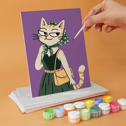 6 Houten Plaat Mini Paintings – Modieuze Katten Set