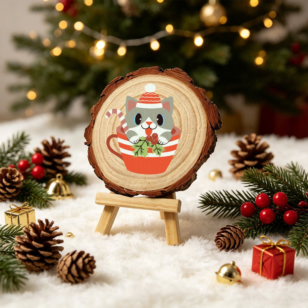 Schilder op Nummer Boomschijf - Kat in kerstkopje