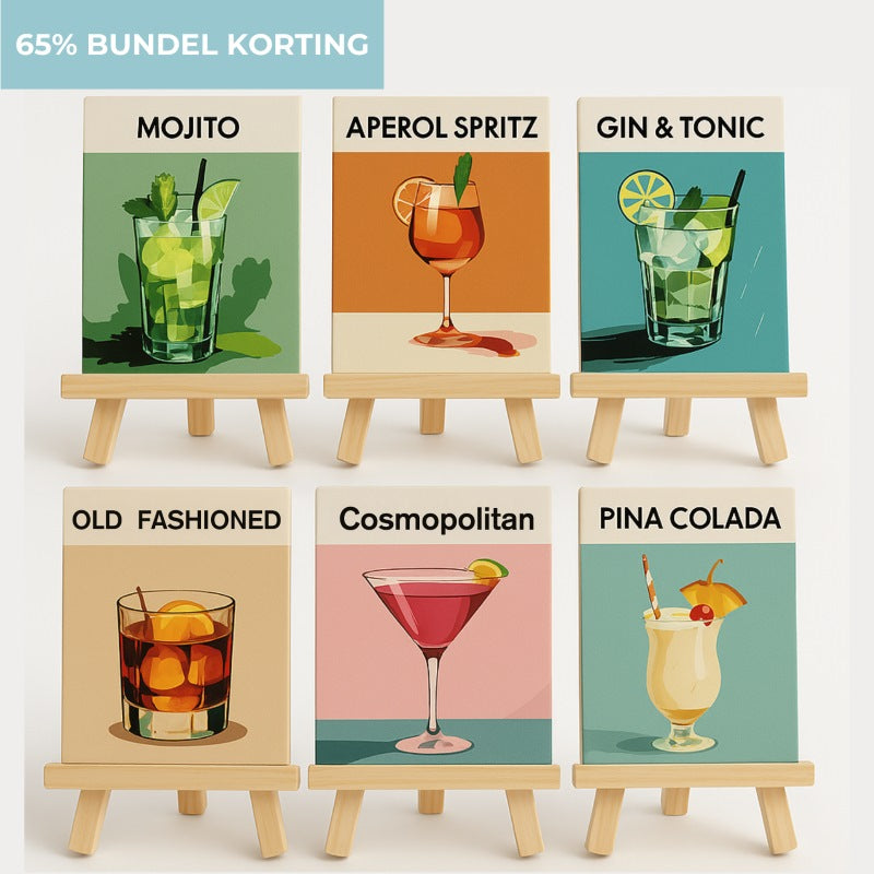 Sip & Paint Cocktail Bundel   6 Mini Paintings + 6 Schildersezels