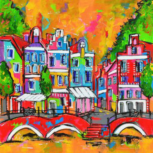 Schilder Op Nummers - Vrolijk Schilderij - Brug Met Huisjes