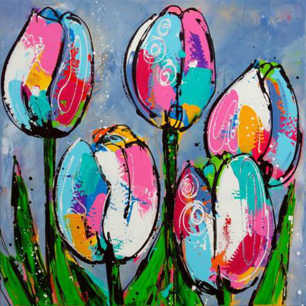 Vrolijk Schilderij   Tulpen Blauw