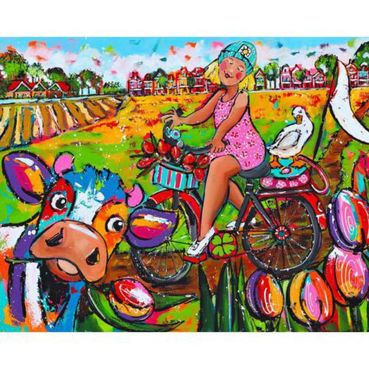 Schilder Op Nummers - Vrolijk Schilderij - Koe en Fietser