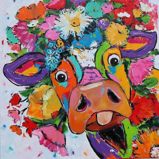 Schilder Op Nummers - Vrolijk Schilderij - Koe Met Bloemen