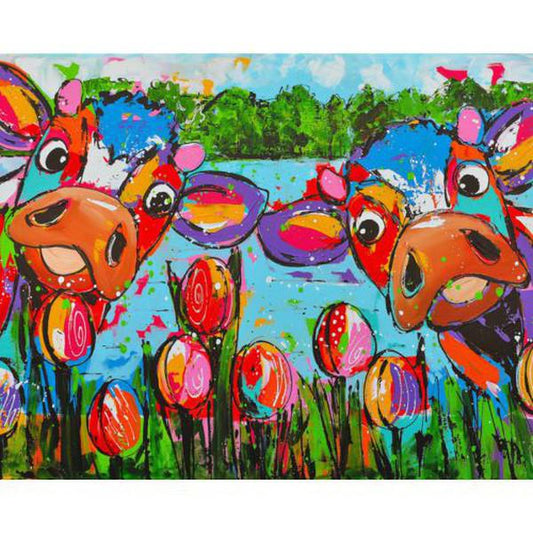 Schilder Op Nummers - Vrolijk Schilderij - Koeien Met Tulpen