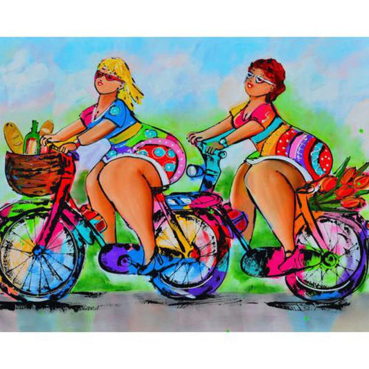 Schilder Op Nummers - Vrolijk Schilderij - Dikke Dames Op De Fiets