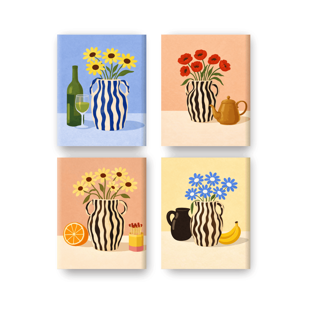 4 Mini Paintings | Bloeiende Vazen Set- Schilderen op nummers