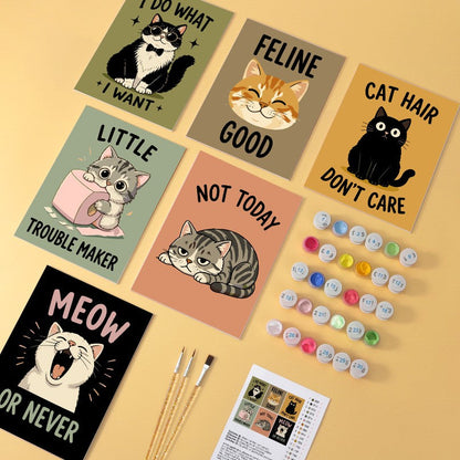 6 Houten Plaat Mini Paintings – Ondeugende Katten Set