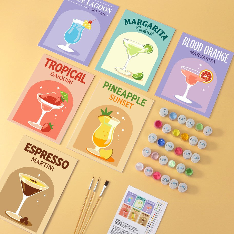 6 Houten Plaat Mini Paintings – Kleurrijke Cocktails Set