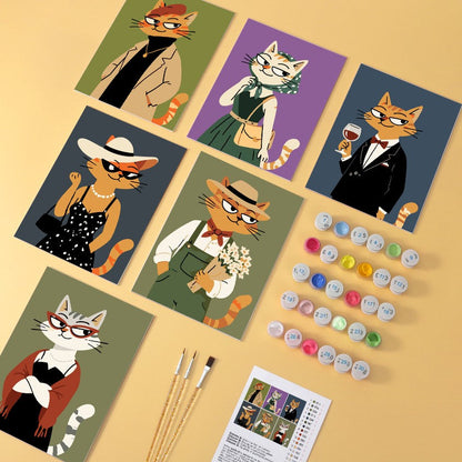 6 Houten Plaat Mini Paintings – Modieuze Katten Set