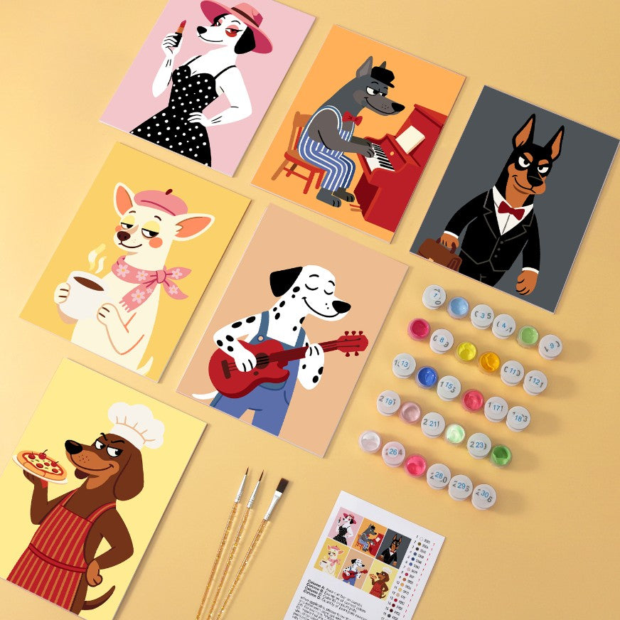 6 Houten Plaat Mini Paintings – Deftige Honden Set