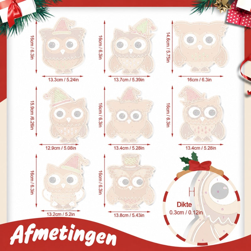 8 XL Schilder op Nummer Kersthangers - Feestelijke Kerstuilen Set