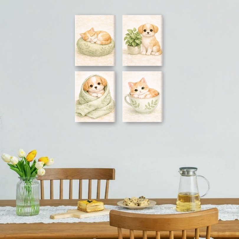 4 Mini Paintings | Schattige Hond & Kat Set