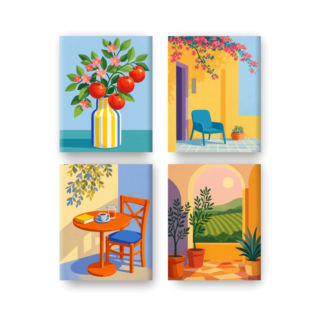 4 Mini Paintings | Zonnig Terras Set- Schilderen op nummers