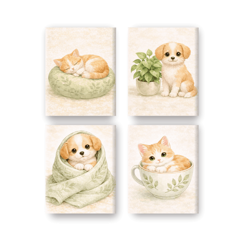 4 Mini Paintings | Schattige Hond & Kat Set- Schilderen op nummers