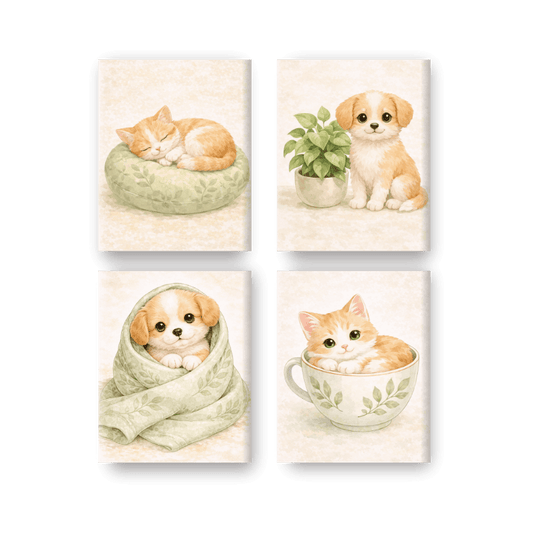 4 Mini Paintings | Schattige Hond & Kat Set- Schilderen op nummers