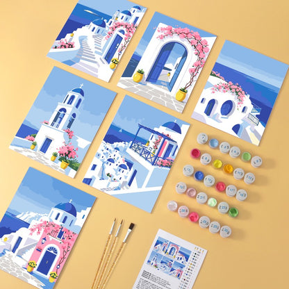 6 Houten Plaat Mini Paintings – Santorini Droom Set