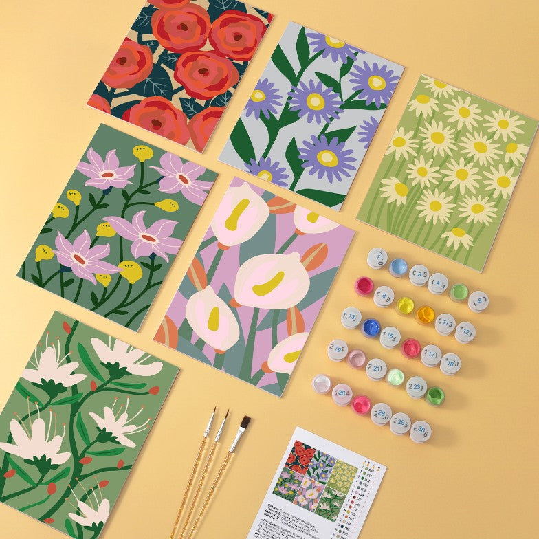 6 Houten Plaat Mini Paintings – Krachtige Bloemen Set
