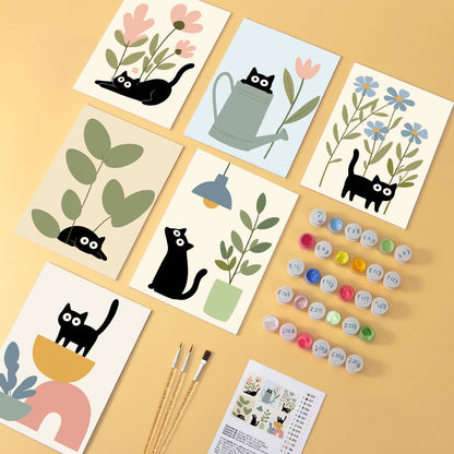 6 Houten Plaat Mini Paintings – Katten tussen Planten Set