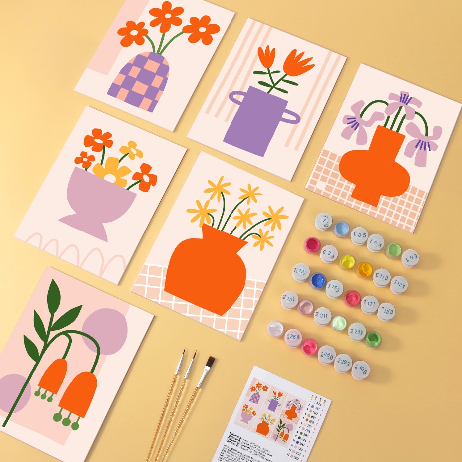 6 Houten Plaat Mini Paintings – Vaas vol Bloemen Set