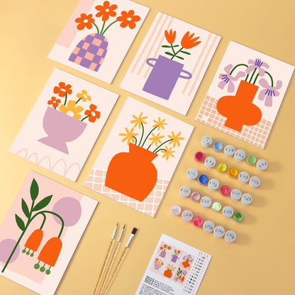 6 Houten Plaat Mini Paintings – Vaas vol Bloemen Set