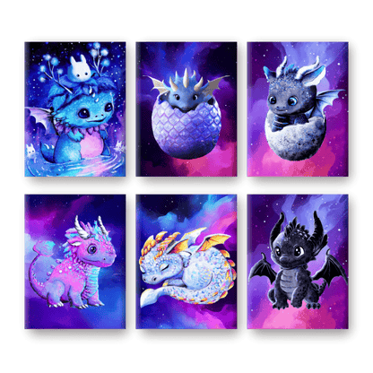 Schilder Op Nummers - 6 Mini Paintings | Little Dragons set - By Tiny Tami