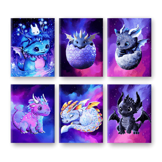 Schilder Op Nummers - 6 Mini Paintings | Little Dragons set - By Tiny Tami