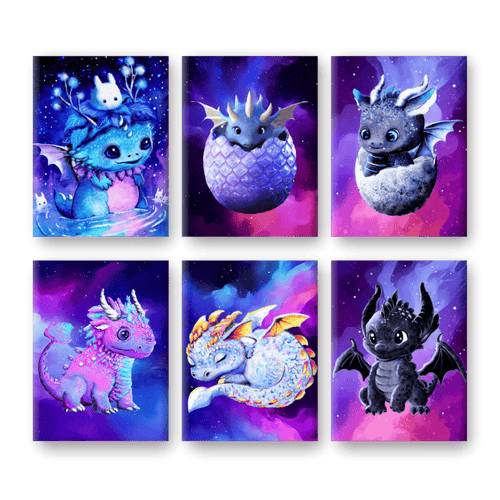 Schilder Op Nummers - 6 Mini Paintings | Little Dragons set - By Tiny Tami