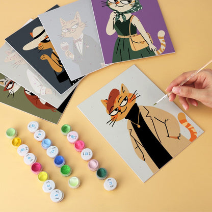 6 Houten Plaat Mini Paintings – Modieuze Katten Set