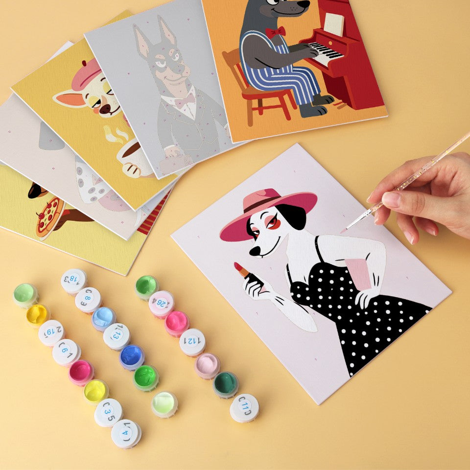 6 Houten Plaat Mini Paintings – Deftige Honden Set