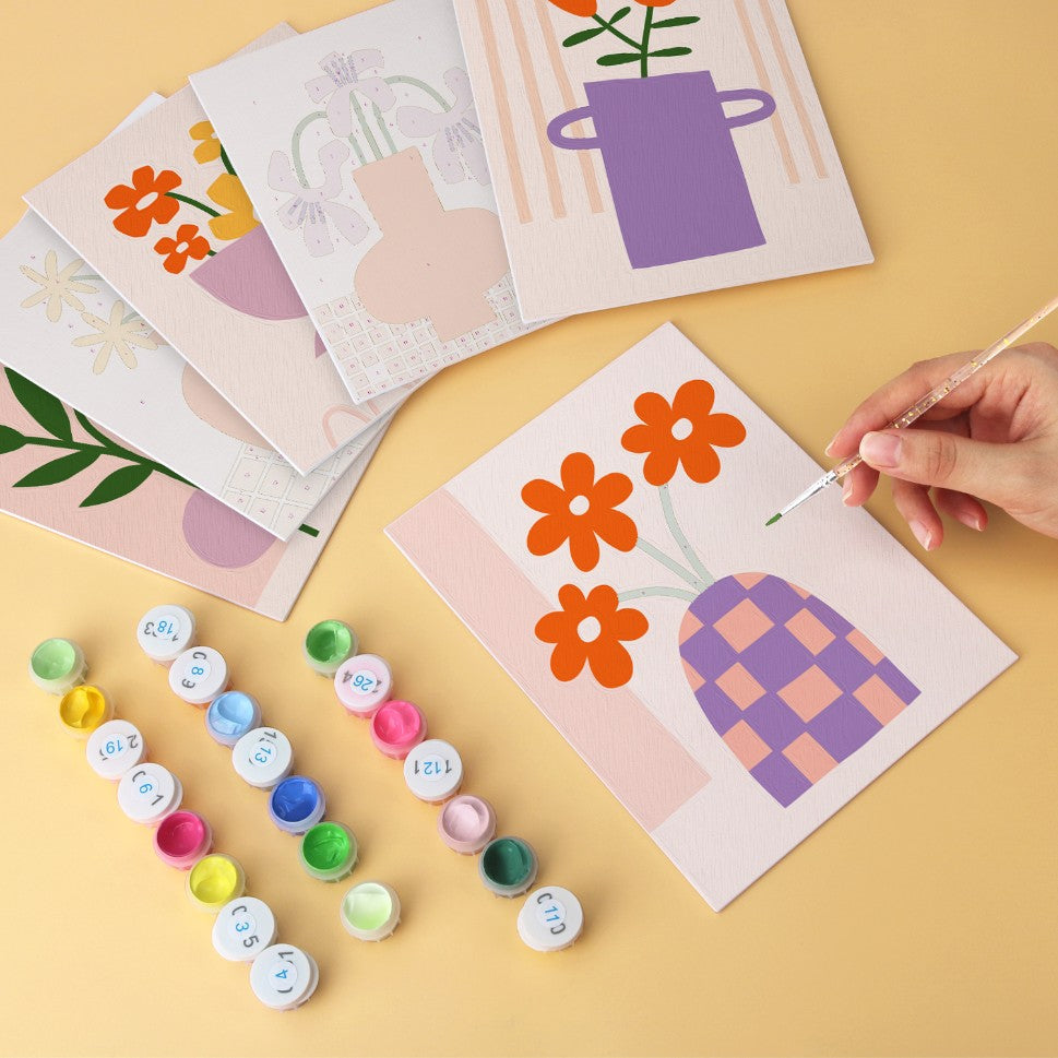 6 Houten Plaat Mini Paintings – Vaas vol Bloemen Set