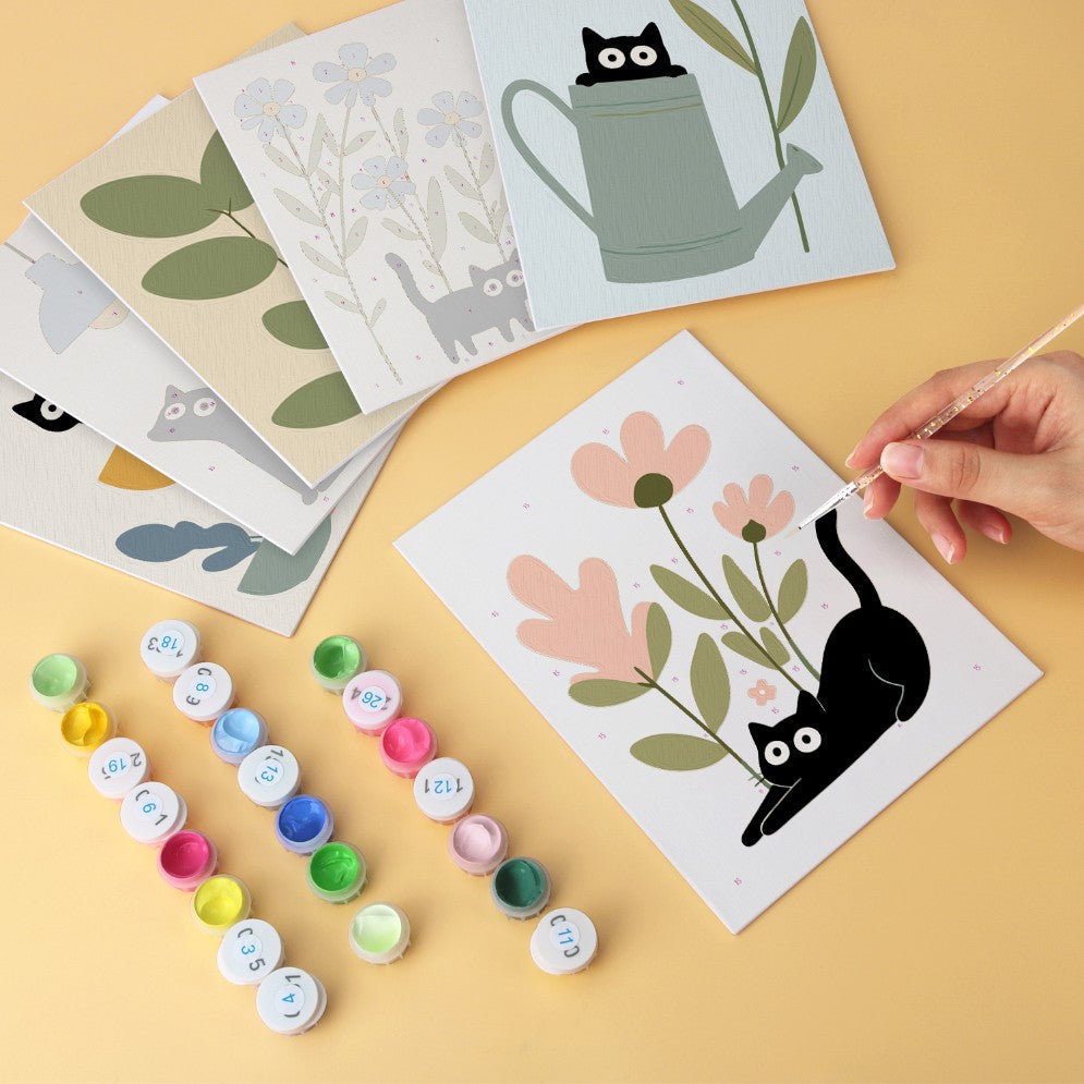 6 Houten Plaat Mini Paintings – Katten tussen Planten Set
