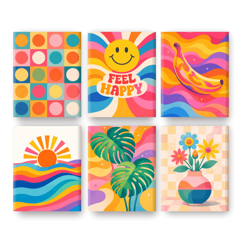 6 Mini Paintings | Regenboog Retro Set- Schilderen op nummers