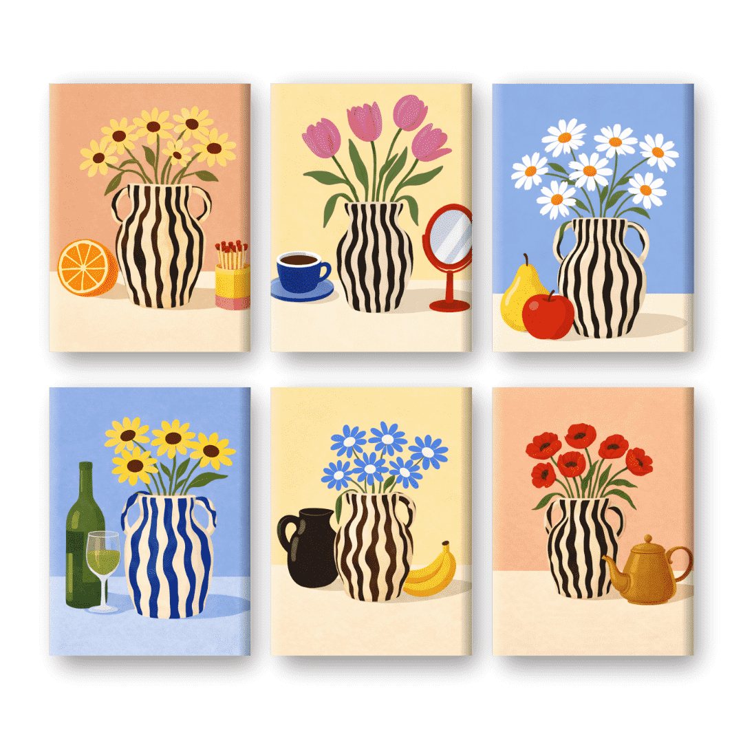 6 Mini Paintings | Bloeiende Vazen Set- Schilderen op nummers