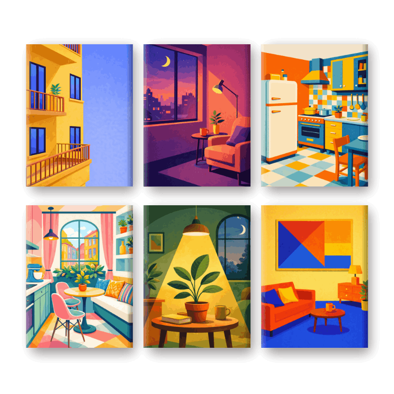 6 Mini Paintings | Stadsappartementen Set- Schilderen op nummers