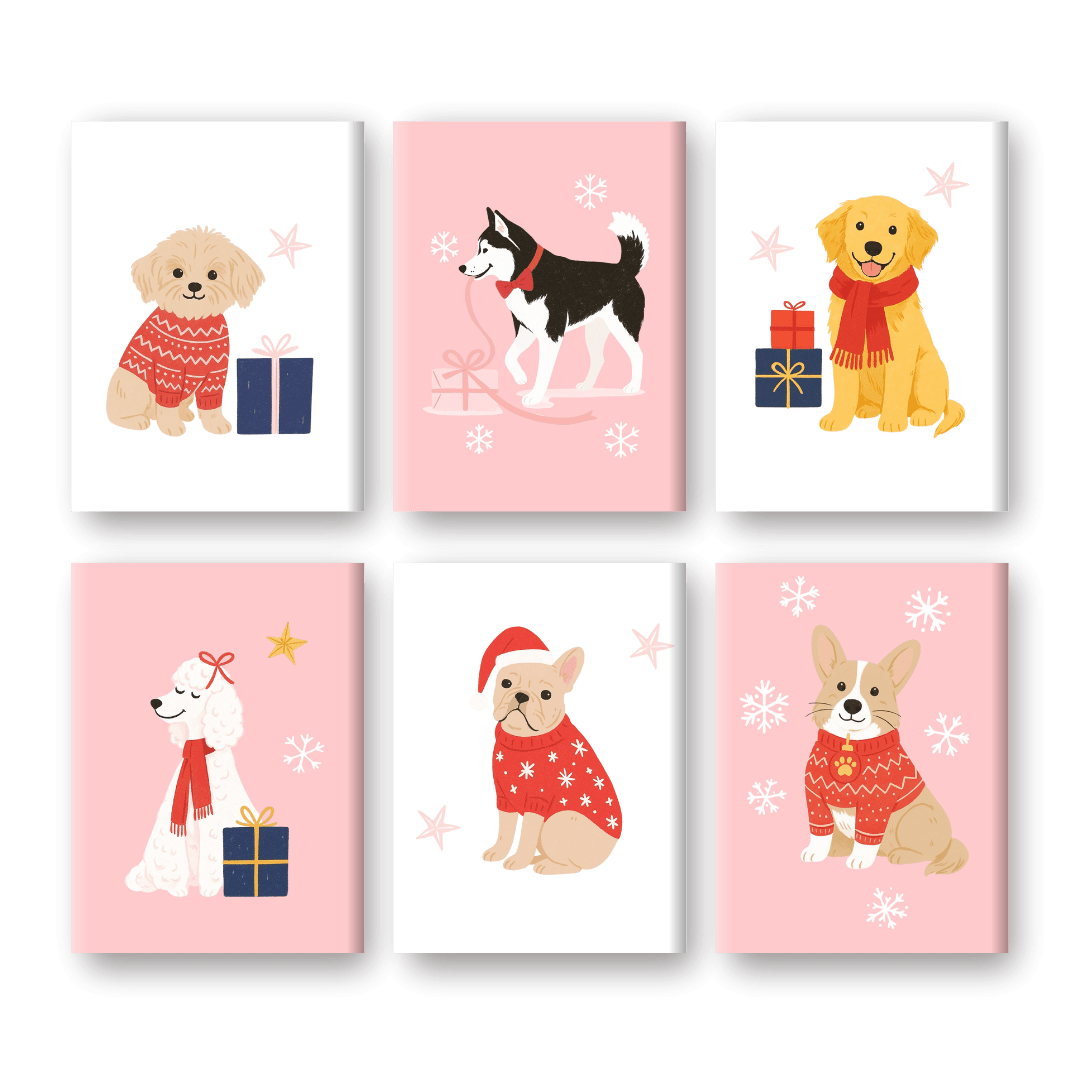 6 Mini Paintings | Schattige Winterhonden Set