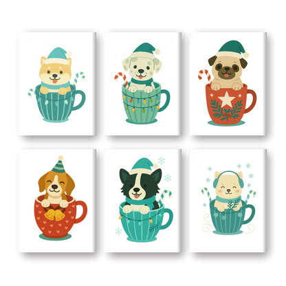 6 Mini Paintings | Honden in Kerstbekers Set