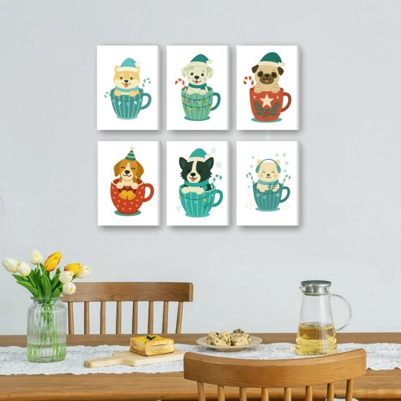 6 Mini Paintings | Honden in Kerstbekers Set