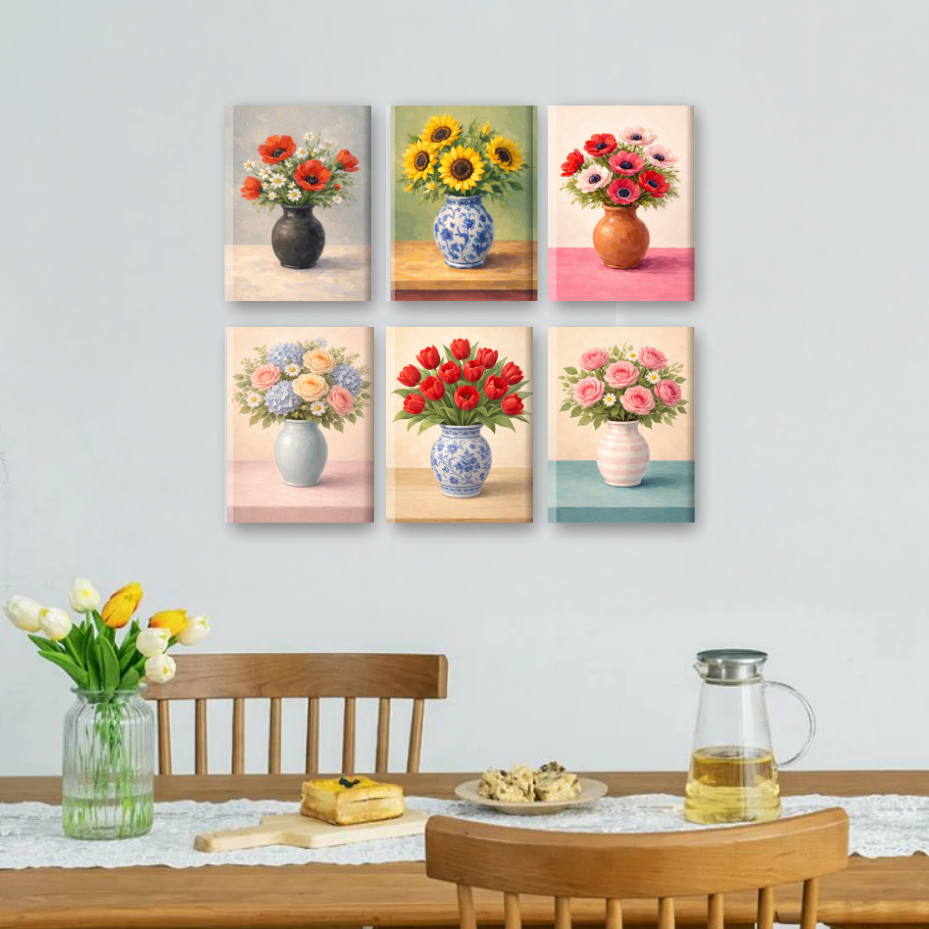 6 Mini Paintings | Bloemen in Vazen Set