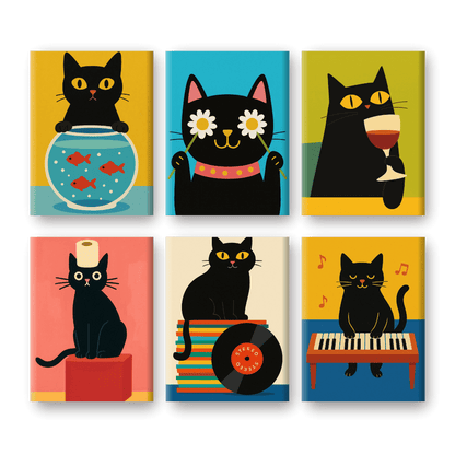 6 Mini Paintings | Grappige Zwarte Katten Set