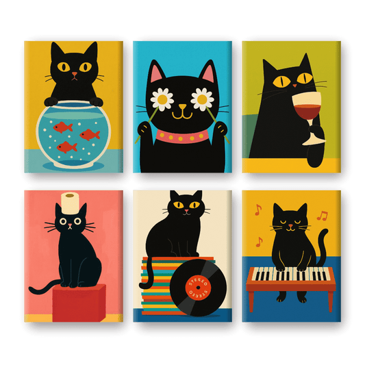 6 Mini Paintings | Grappige Zwarte Katten Set