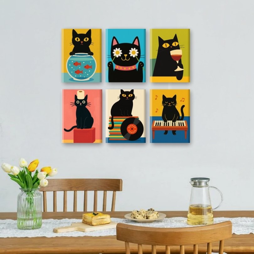 6 Mini Paintings | Grappige Zwarte Katten Set