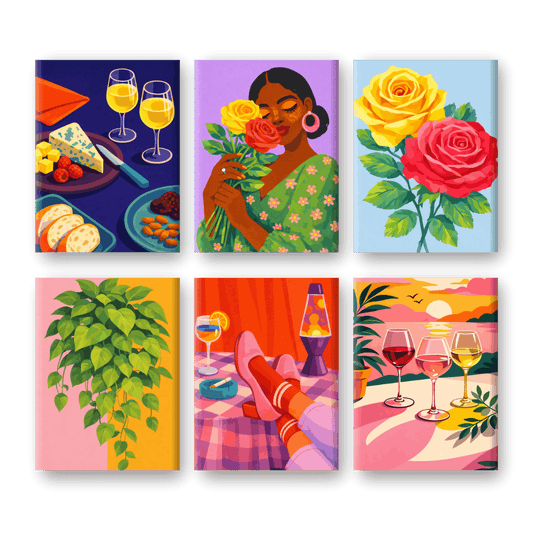 6 Mini Paintings | Wijn & Bloemen Set- Schilderen op nummers