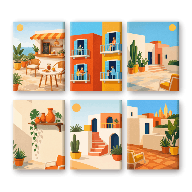 6 Mini Paintings | Mediterrane Dorp Set- Schilderen op nummers