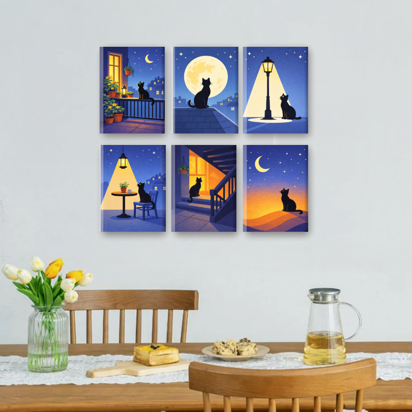 6 Mini Paintings | Middernacht Kat Set