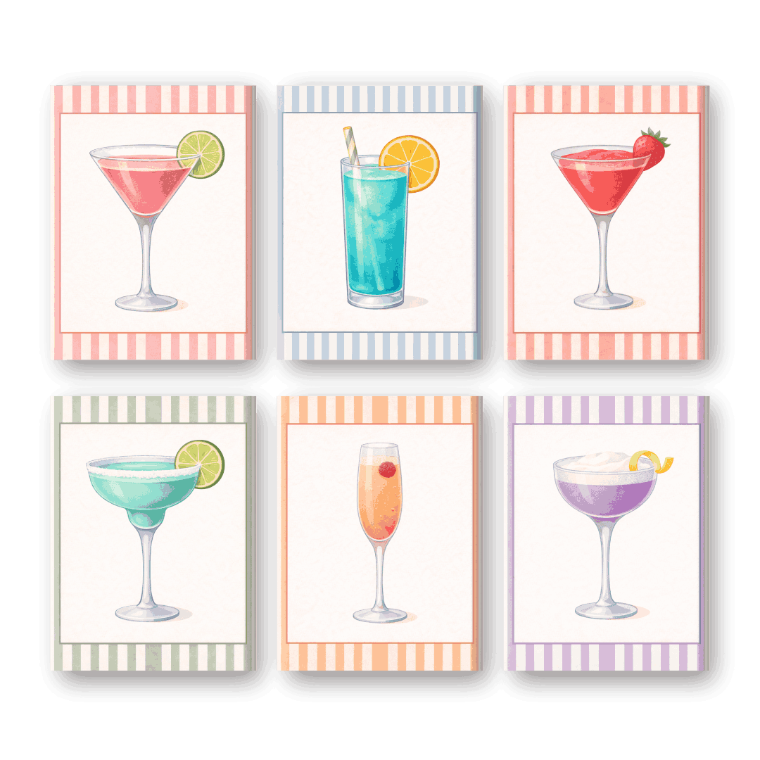 6 Mini Schilderijen | Gestreepte Cocktail Set- Schilderen op nummers