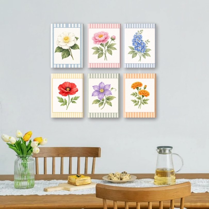 6 Mini Paintings | Gestreepte Bloemen Set