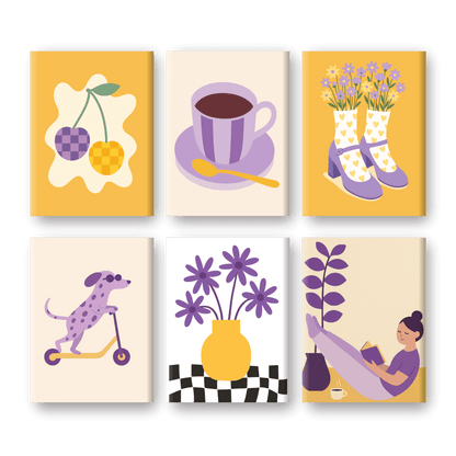 6 Mini Paintings | Gele en Paarse Vibes Set