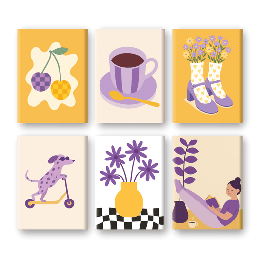 6 Mini Paintings | Gele en Paarse Vibes Set