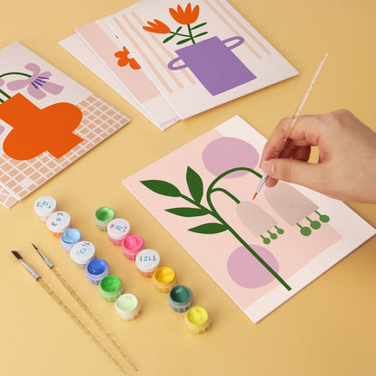 6 Houten Plaat Mini Paintings – Vaas vol Bloemen Set