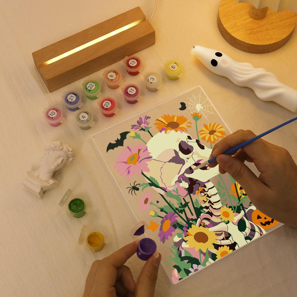 Schilder op Nummer Halloween Lamp - Bloemenschedel